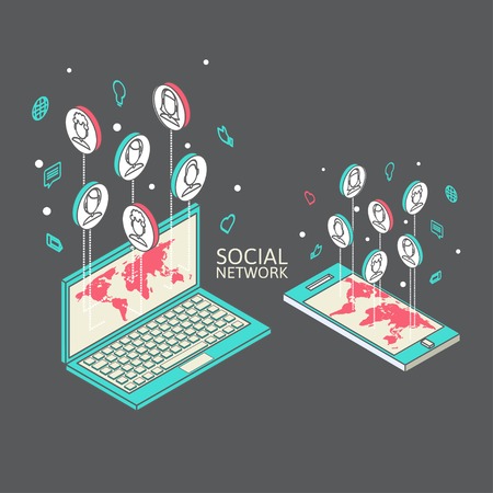 Conceptual image with social networks. Flat isometry, vector illustration eps 10のイラスト素材