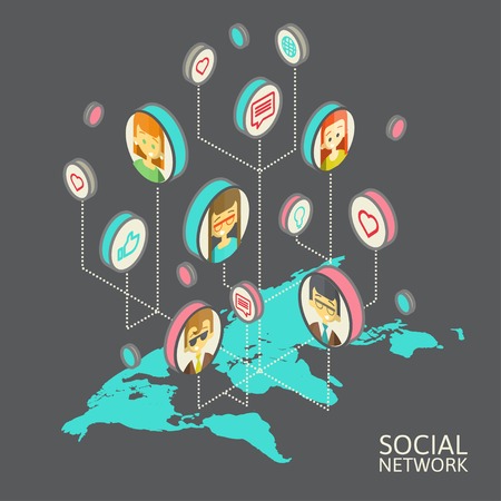 Conceptual image with social networks. Flat isometry, vector illustrationのイラスト素材