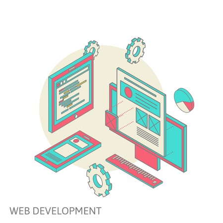 Isometric design of mobile and desktop website design development process, vector illustrationのイラスト素材