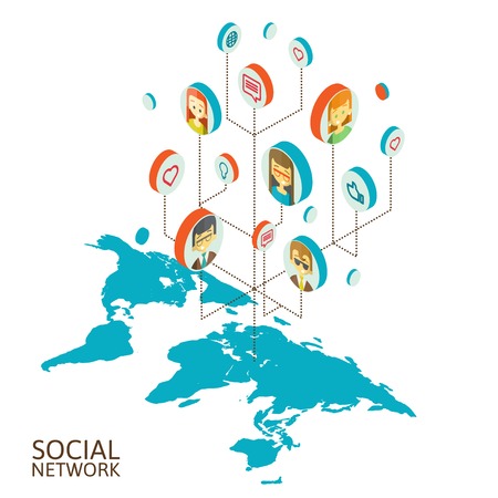 Conceptual image with social networks. Flat isometric illustrationのイラスト素材