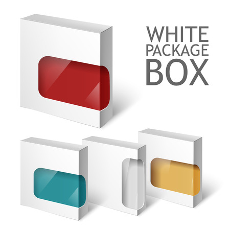Cardboard Package Box. Set Of White Package Square For Software, DVD, Electronic Device And Other Products.  Mock Up Template Ready For Your Design.  Vector Illustration  Isolated On White Background.のイラスト素材