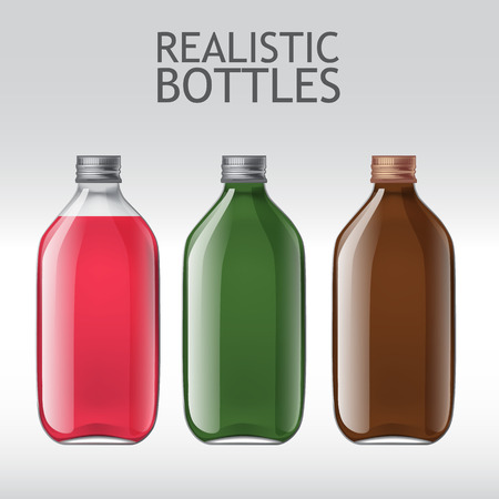 Set of different empty glass bottles. Template for design of bottles of milk, juice, yogurt, vinegar and any other liquid. Capacity for food and other fluids. Use for your designのイラスト素材