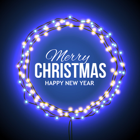 Round frame with glowing lights, garlands of blue with the words Merry Christmas.. Background on sale, discounts, promotions in the winter. Seasonal advertising. Suitable for printing, mailingのイラスト素材