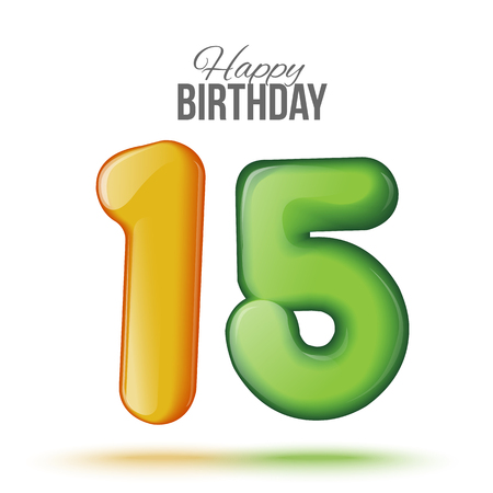 Sample greeting card to the 15 th anniversary. Air 3D red numbers from the figures. Invitation card to the party with balloons on a white background. Suitable for printing, web delivery, the jubileeのイラスト素材
