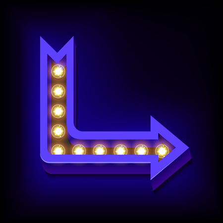 Neon retro arrow with glowing lights. Vintage Blue 3d arrow to the right. Volume boom with lots of lights and a blue neon light. The object on a black background. Vector illustrationのイラスト素材