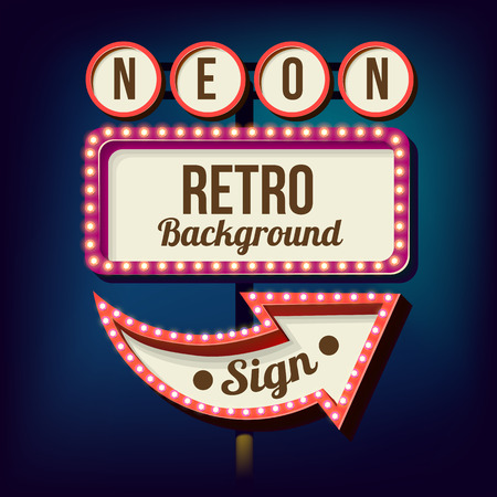 3d Vintage street sign. Retro banner with glowing lights. Volume symbol of the frame. Design element for your poster, advertising, text. Night sign with arrow. Frame, arrow icons. Vector illustrationのイラスト素材
