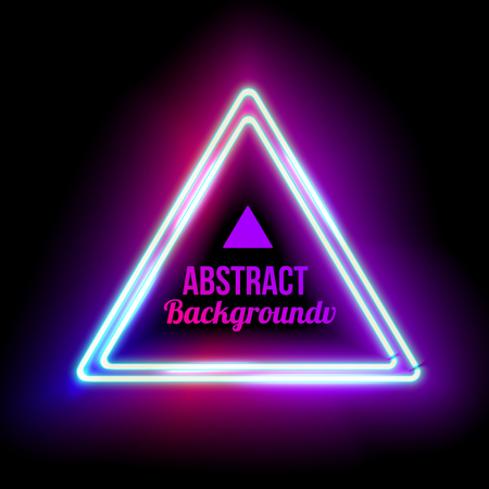 Neon abstract triangle. Glowing frame. Vintage electric symbol. Burning a pointer to a black wall in a club, bar or cafe. Design element for your ad, sign, poster, banner. Vector illustrationのイラスト素材