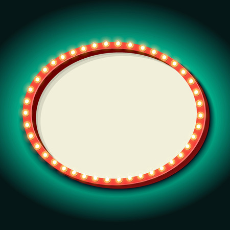 Pink retro frame. 3d Vintage oval frame with a blank space for your text, messages, advertising, promotion. Pink frame with green neon light. Vector illustrationのイラスト素材