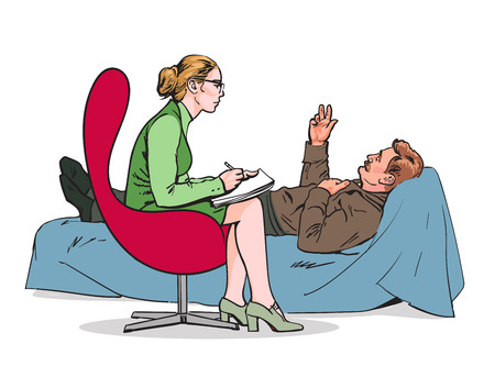Help psychologist. Psychotherapy. Consulting psychologist doctor. Psychologist listens to patient. Psychologist evaluates the patient. Psychologist solves the problem. Medical counseling. Vectorのイラスト素材