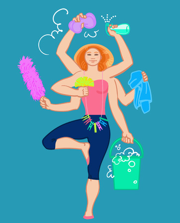 Cleaning services. The cleaner with a mop. Cleaning homes and offices. Cheerful girl with a bucket. She will purify all. Woman in uniform. Easy cleaning. Vector illustrationのイラスト素材
