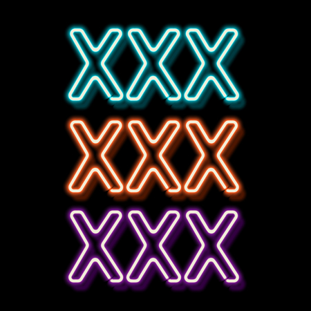 XXX neon sign. Lamp symbol 18. Burning erotic sign. Vintage electric symbol. Burning a pointer to a black wall in a club, bar or cafe. Design element for your ad, signs, posters, banners. Vectorのイラスト素材
