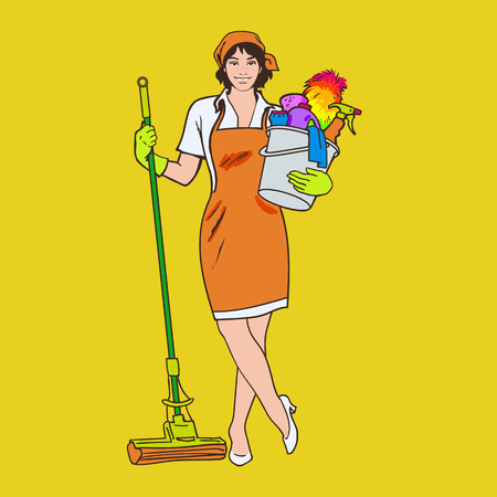 Cleaning services. The cleaner with a mop.のイラスト素材