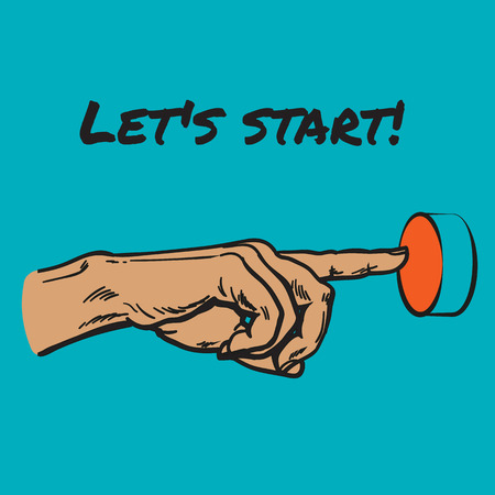 The finger presses the red button. Hand sketch style. Concept beginning. Button press. Run business....