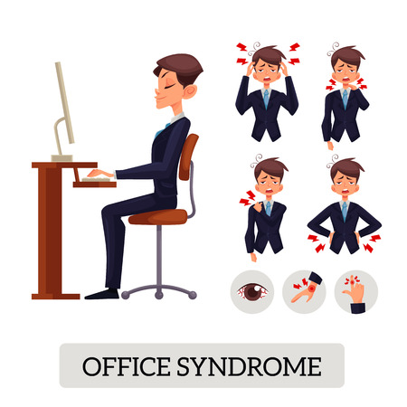Set of illustrations of various types of office pain syndrome in humans and man sits evenly and properly for the work space, table, chair, eyes, brush, suffering, diseaseのイラスト素材