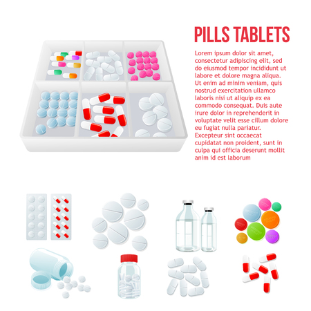 Packaging of medicines, various pills, white and color on a white background, vector illustration with set of drugs, colorful products. Bottles and boxes with colored vitamins. Things to human healthのイラスト素材
