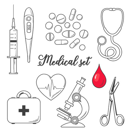 Tools for medical research, the icons on the white background, line vector objects medical sketch style hand-drawn, heart, icons, microscope, thermometer, syringe, medicines, first aid kitのイラスト素材