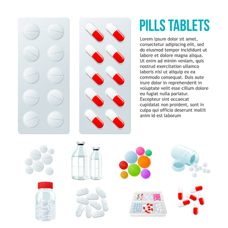 Blister with pills, different pills and white and color on a white background, vector illustration with set of drugs, colorful products. Bottles and boxes with colored vitamins. Things to human healthのイラスト素材