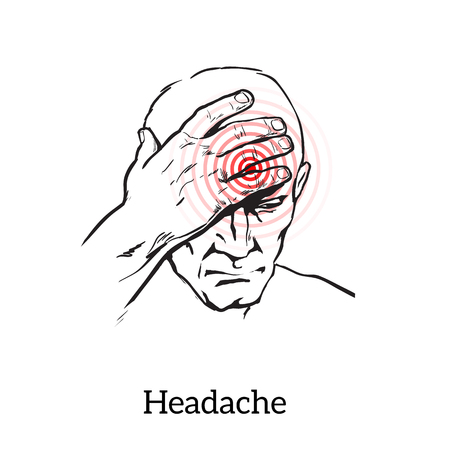 Picture a man with a headache, illustration sketch of a man who holds his hand to his head, pain in the head of a man, the concept of sickness or disease in the human headの写真素材