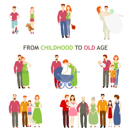 large set of people of different ages, flat is isolated on a white background, life, from birth to old age, story of love, family history, growing up people and making love family, small to oldのイラスト素材