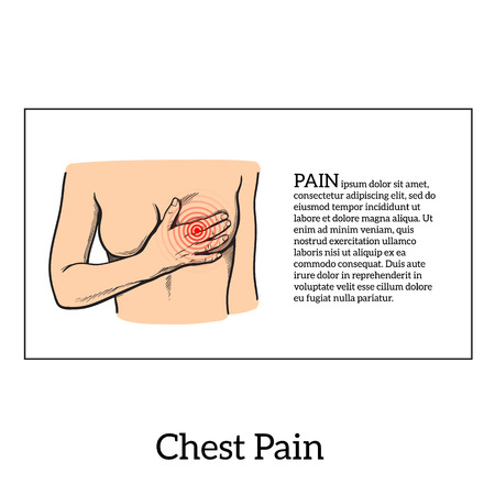 Information about heart pain, chest pain in women, , vector sketch hand-drawn illustration of heart and human patients suffering from chest pains woman holding chestのイラスト素材