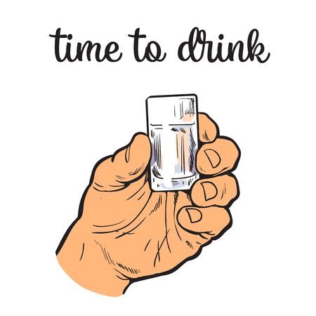 Hand holding a full glass of vodka, vector illustration sketch art by hand, isolation on a white background male hand with a stack owith strong alcohol, the concept of time to drink alcoholのイラスト素材