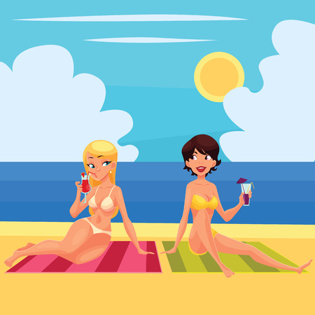Two girlfriends at the beach with a cocktail, vector illustration cartoon catfish, two girls lying on a sunny beach with alcoholic cocktails, girls on vacation lying on the sea sand with cocktailsのイラスト素材