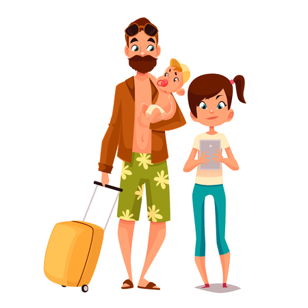 Cartoon father and his children, vector illustration comic isolated on white background  father and daughter walk together in summer, daughter is writing in phone, father in shorts and a beardのイラスト素材