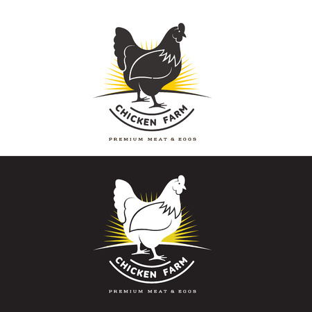 set of logos with chicken, vector illustration, isolated on a white background, with different logos chicken and yellow, simple logos about chicken, meat and eggs, the production of poultry meatのイラスト素材