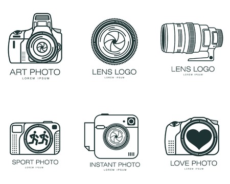 set of logos with the camera lens, vector simple illustration isolated on a white background, logo design camera, a set of lenses and camera design for photo studios and photographicのイラスト素材