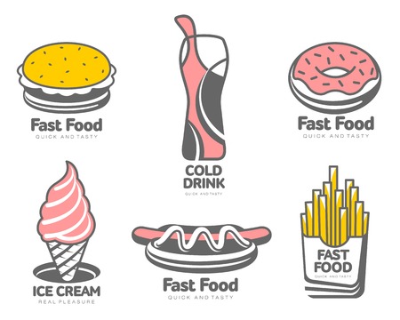set of logos with fast food vector simple illustration isolated on white background set of logos with different food, soda hamburger hotdog ice cream donut, characters for your restaurant and cafeのイラスト素材