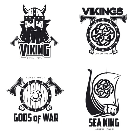 Scandinavian Viking set of logos, vector illustration outline isolated on white background set of logos with Viking shield Scandinavian boat and head, a different set of logosのイラスト素材