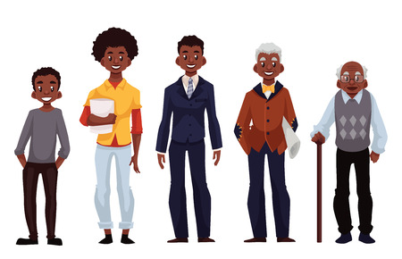 Set of black men of different ages from adolescence youth to maturity and old age, vector illustration isolated on white background. Various generations at African American manのイラスト素材