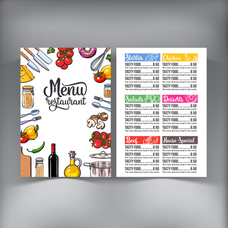 Kitchenware, vegetables and cutlery menu design sketch style vector illustration isolated on white background. Concept of menu banner poster flyer cover design for cafes and restaurantsのイラスト素材
