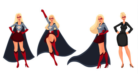 Female superhero cartoon style vector illustration isolated on white background. Set of same woman in business suit and in superhero disguise, super power girl. Business woman as superheroのイラスト素材
