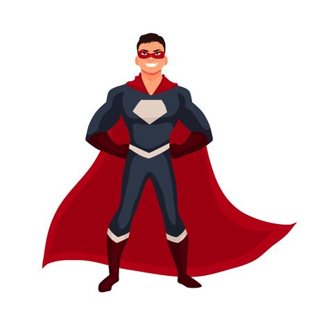 Male superhero cartoon style vector illustration isolated on white background. man in casual suit and in superhero disguise, super power man. Ordinary person as superhero conceptのイラスト素材