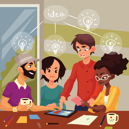 Young creative business people brainstorming ideas in office, sketch style vector illustration. Multiethnic group of young people having a brainstorm at the table. Teamwork, planning, creative processのイラスト素材
