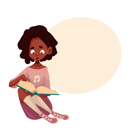 Little African American girl sitting and reading a book, cartoon style vector illustration isolated on white background. Small black skinned girl reading a book on the floor, studying conceptのイラスト素材