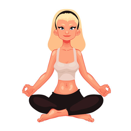 beautiful woman in poses of yoga, cartoon style vector illustration isolated on white background. Beautiful blond young woman, yoga poses asanas, healthy lifestyleのイラスト素材