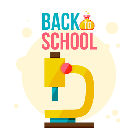 Back to school poster with microscope, flat style vector illustration isolated on white background. Start of school season concept, poster card design with microscope as symbol of educational processのイラスト素材