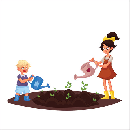 Kids Watering Plants In The Garden Cartoon Style Ilration - Watering Garden Cartoon Kids Watering Plants In The Garden Cartoon Style Ilration - Watering Garden Cartoon