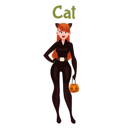 Young beautiful woman dressed in cat costume for Halloween, cartoon style vector illustration isolated on white background. Cat woman fancy dress for Halloween idea, trick or treat conceptのイラスト素材