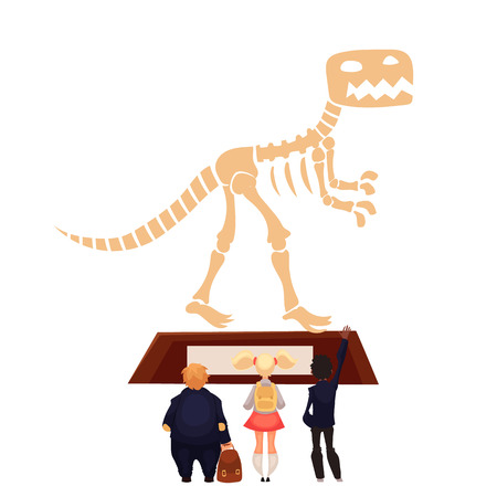 Kids in museum looking at dinosaur skeleton, cartoon style vector illustration. Museum guide telling children about a prehistoric dinosaur bones. School trip to museumのイラスト素材
