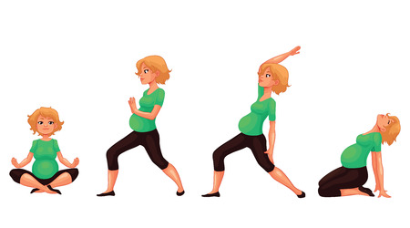 Set with beautiful pregnant woman in various poses of yoga, cartoon style vector illustration isolated on white background. Beautiful pregnant woman doing yoga, collection of asanas, healthy lifestyleのイラスト素材