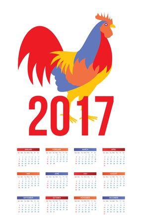 Colorful 2017 calendar with rooster - symbol of the year, vector illustration isolated on white background. Calendar template for the year 2017 with a color block rooster, week starts from Sundayのイラスト素材