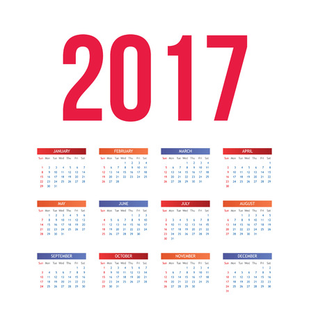 Nice and simple colorful 2017 calendar, vector illustration isolated on white background. Fresh and clean calendar for the year 2017, week starts from sundayのイラスト素材