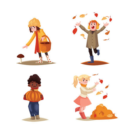 Set of kids enjoying outdoor fall activities, cartoon style vector illustration isolated on white background. Kids throwing leaves, picking mushrooms, holding a pumpkin, seasonal autumn activitiesのイラスト素材