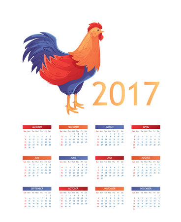 Colorful 2017 calendar with sketch rooster - symbol of year, vector illustration isolated on white background. Calendar template for the year 2017 with a color block rooster, week starts from Sundayのイラスト素材