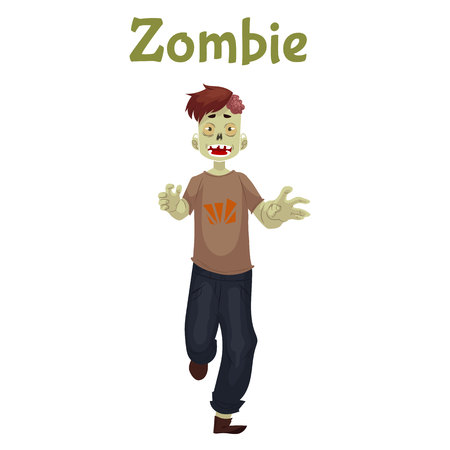Man dressed in zombie costume for Halloween, cartoon style vector illustration isolated on white background. Running zombie, fancy dress for Halloween ideaのイラスト素材