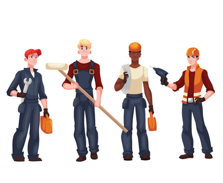 Set of full length workers - electrician, mechanic, painter, repairman, cartoon style vector illustration isolated on white background. Collection of young and happy industrial workersのイラスト素材