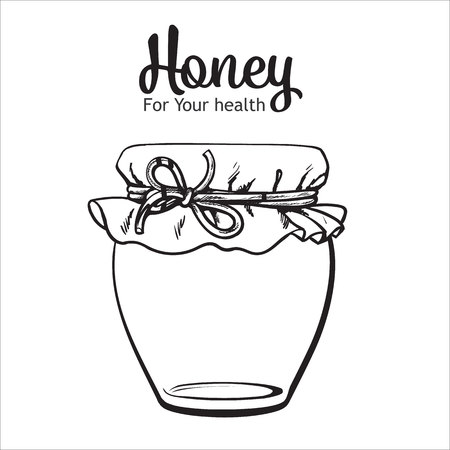 Jar of honey, sketch style vector illustration isolated on white background. Yellow honey in transparent glass jar with closed lid. Traditional honey jarのイラスト素材